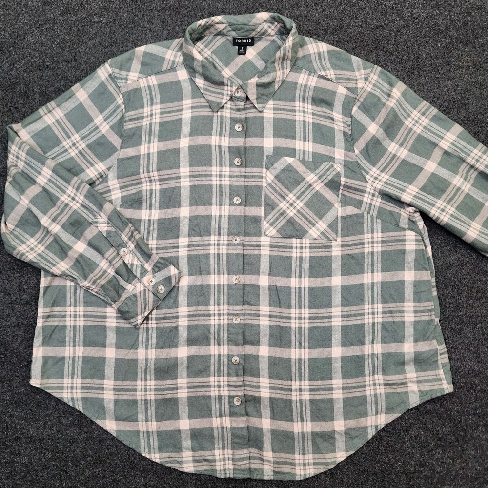 Torrid Womens 2X Sage Green Plaid Flannel Button Up Shirt Cozy Fall Cabin Core